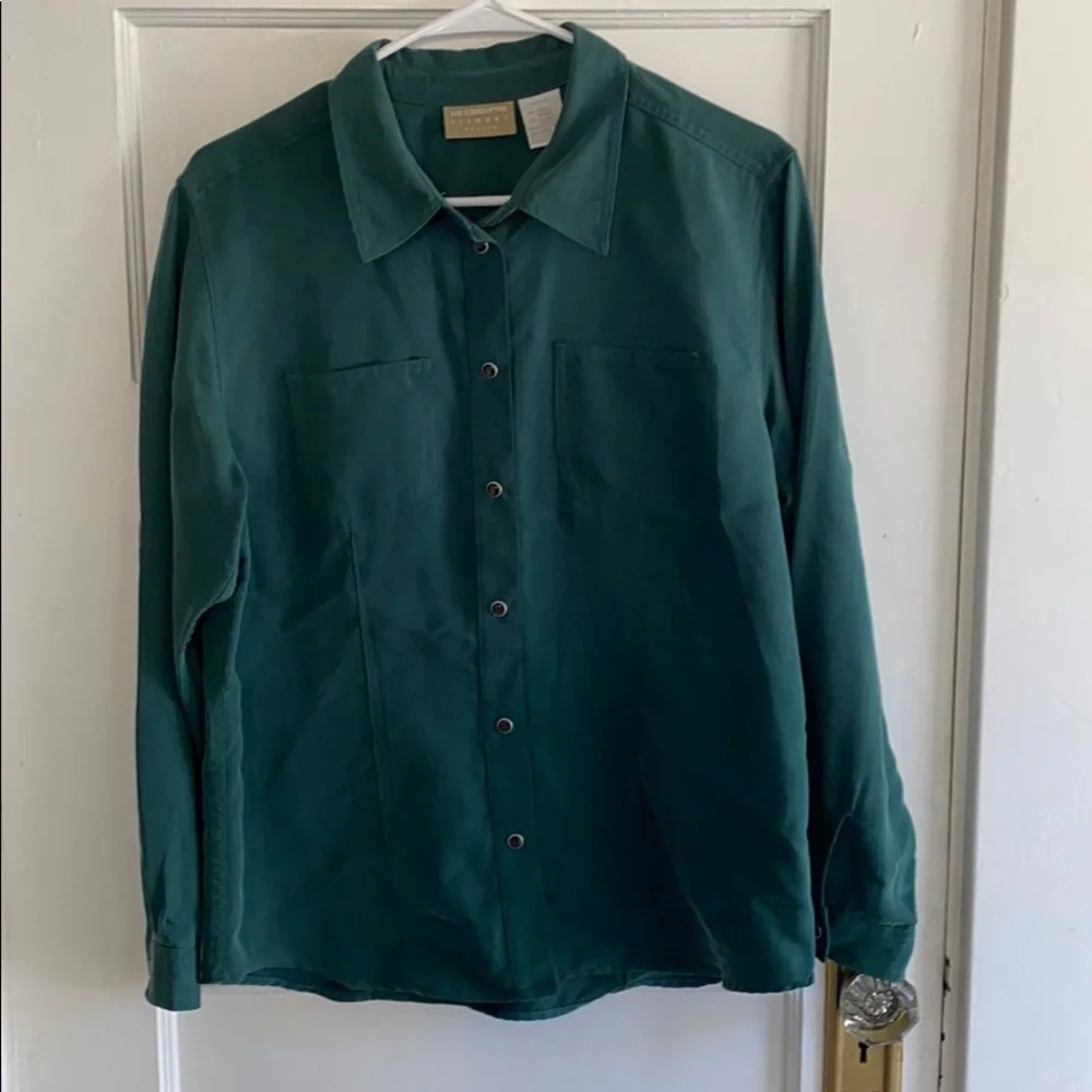 Liz Claiborne PL green long sleeve button up top 90’s gorp Forest gorp woodsy